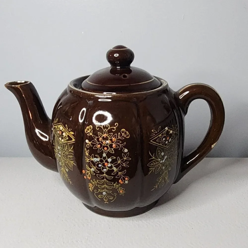Brown Betty Teapot Japan Redware Hand Paint Pottery Moriage Style Enamel Vtg EUC